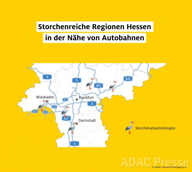 Karte Storchenreiche Regionen in Hessen nähe der Autobahn